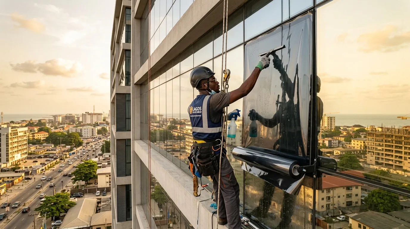 Professional architectural window film installation rejecting solar heat on modern glass building in Lagos, Nigeria